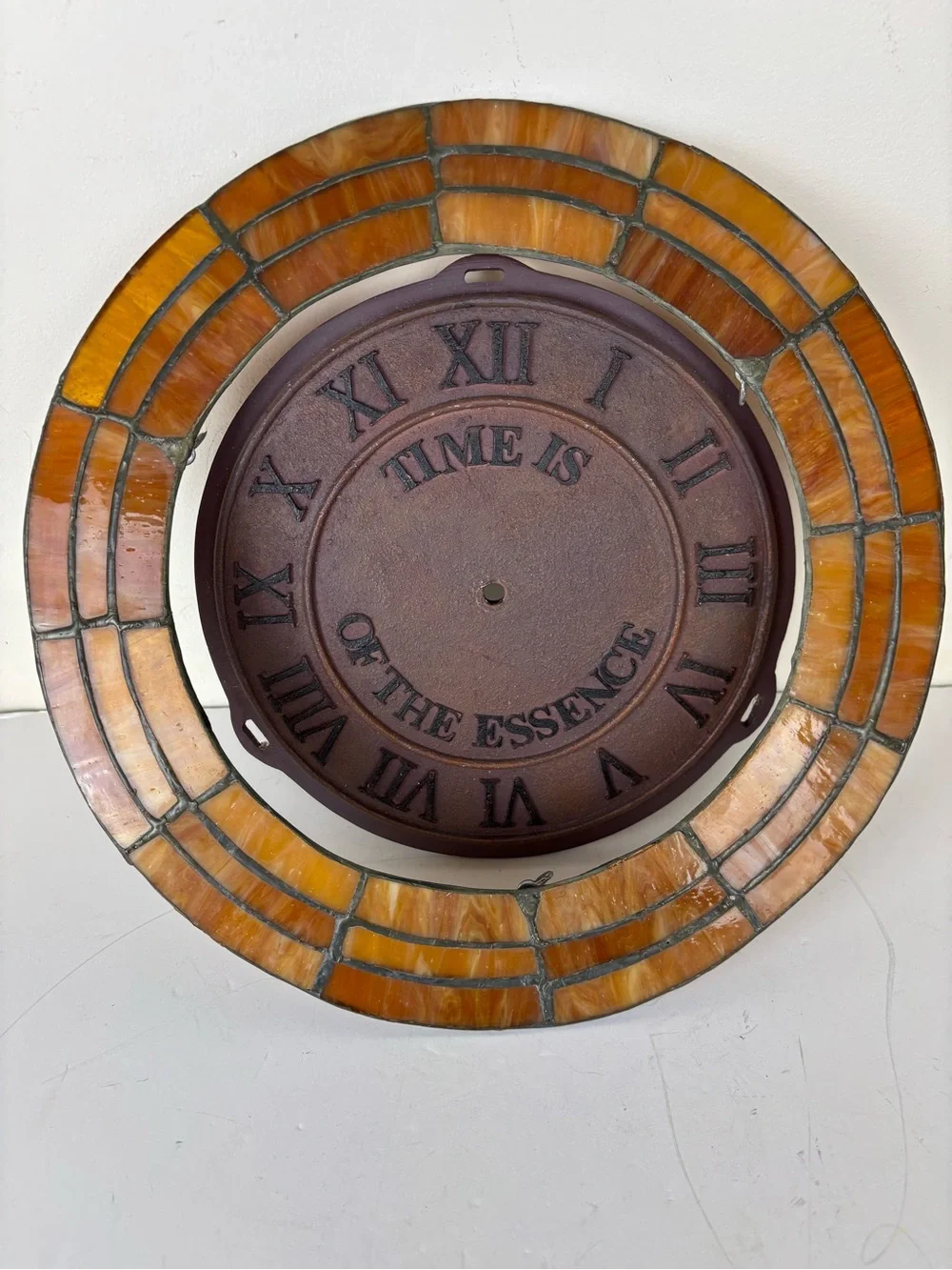 Cast Iron Clock Face w/Amber Stain Glass Boarder